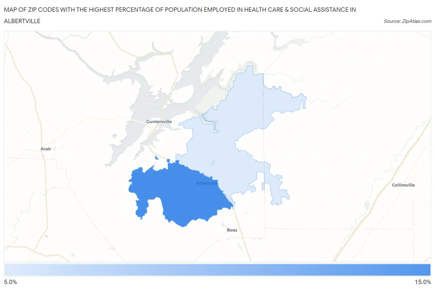 Zip Codes with the Highest Percentage of Population Employed in Health Care & Social Assistance in Albertville Map