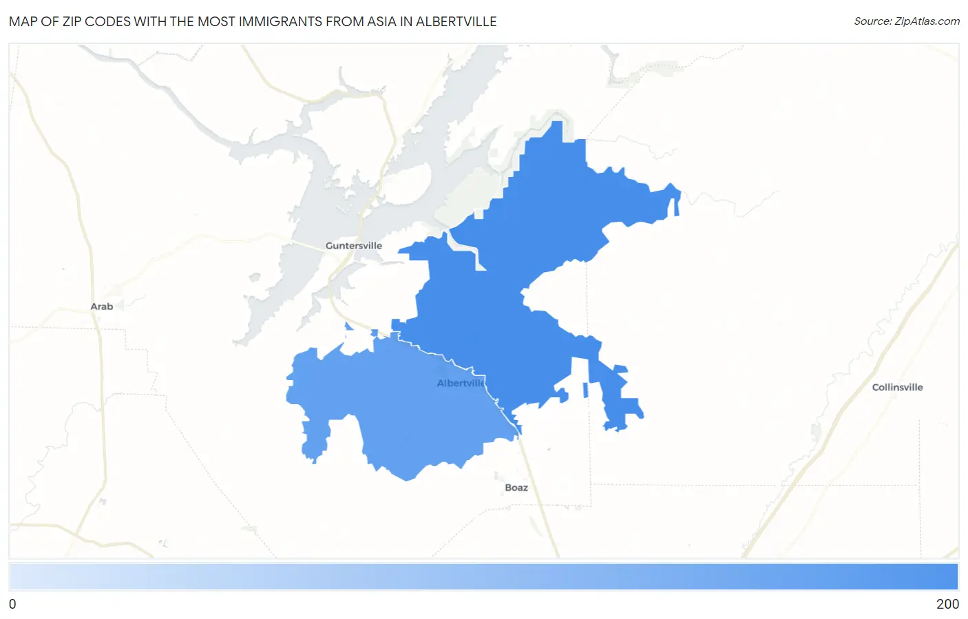Zip Codes with the Most Immigrants from Asia in Albertville Map