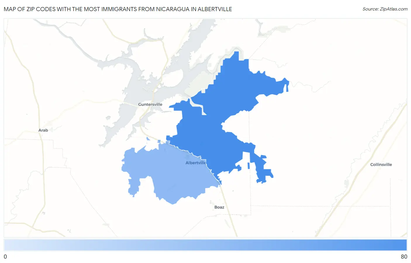 Zip Codes with the Most Immigrants from Nicaragua in Albertville Map