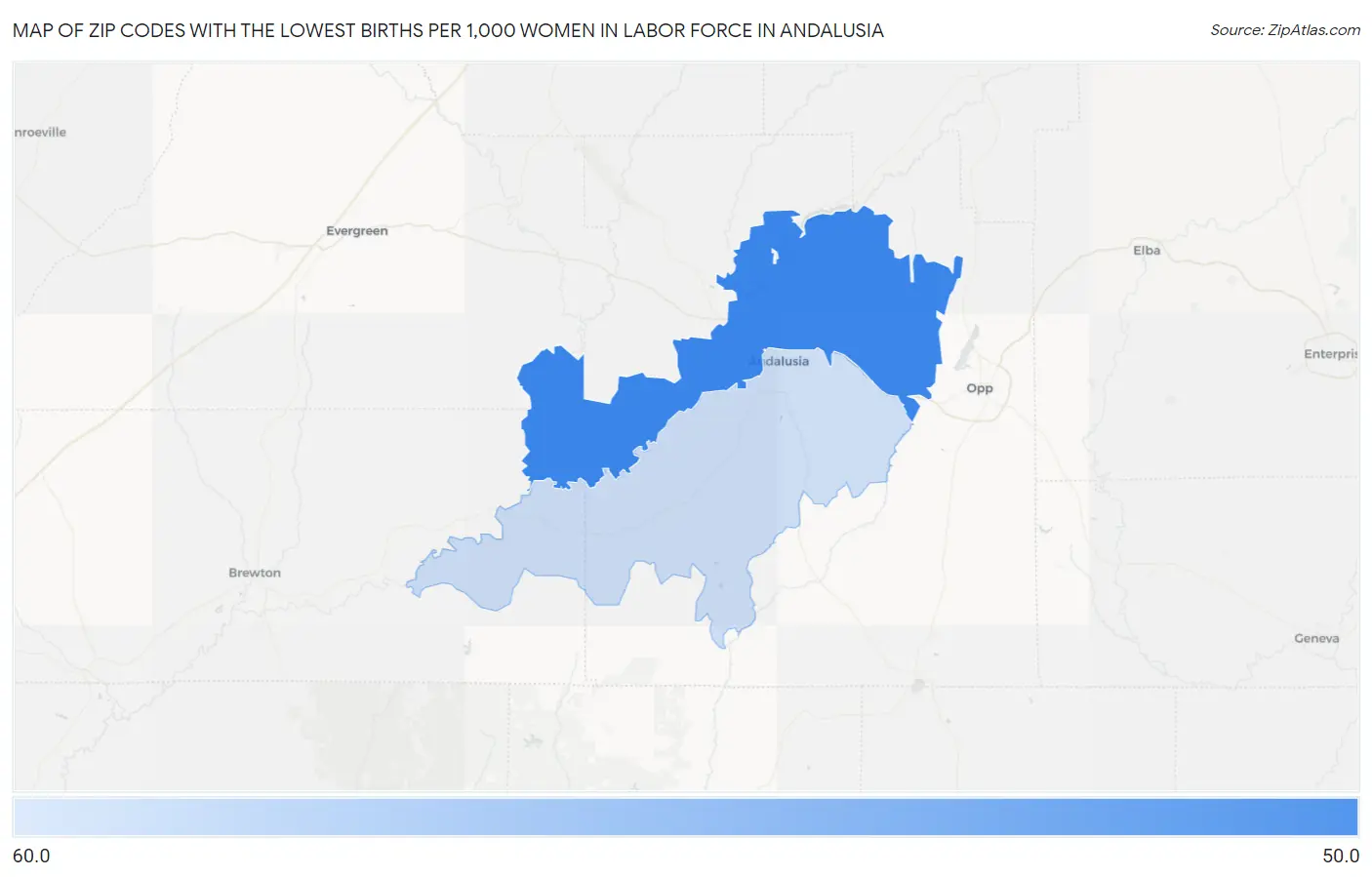 Zip Codes with the Lowest Births per 1,000 Women in Labor Force in Andalusia Map