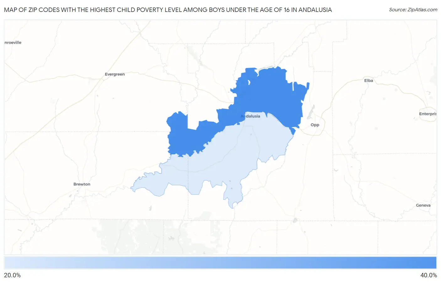 Zip Codes with the Highest Child Poverty Level Among Boys Under the Age of 16 in Andalusia Map