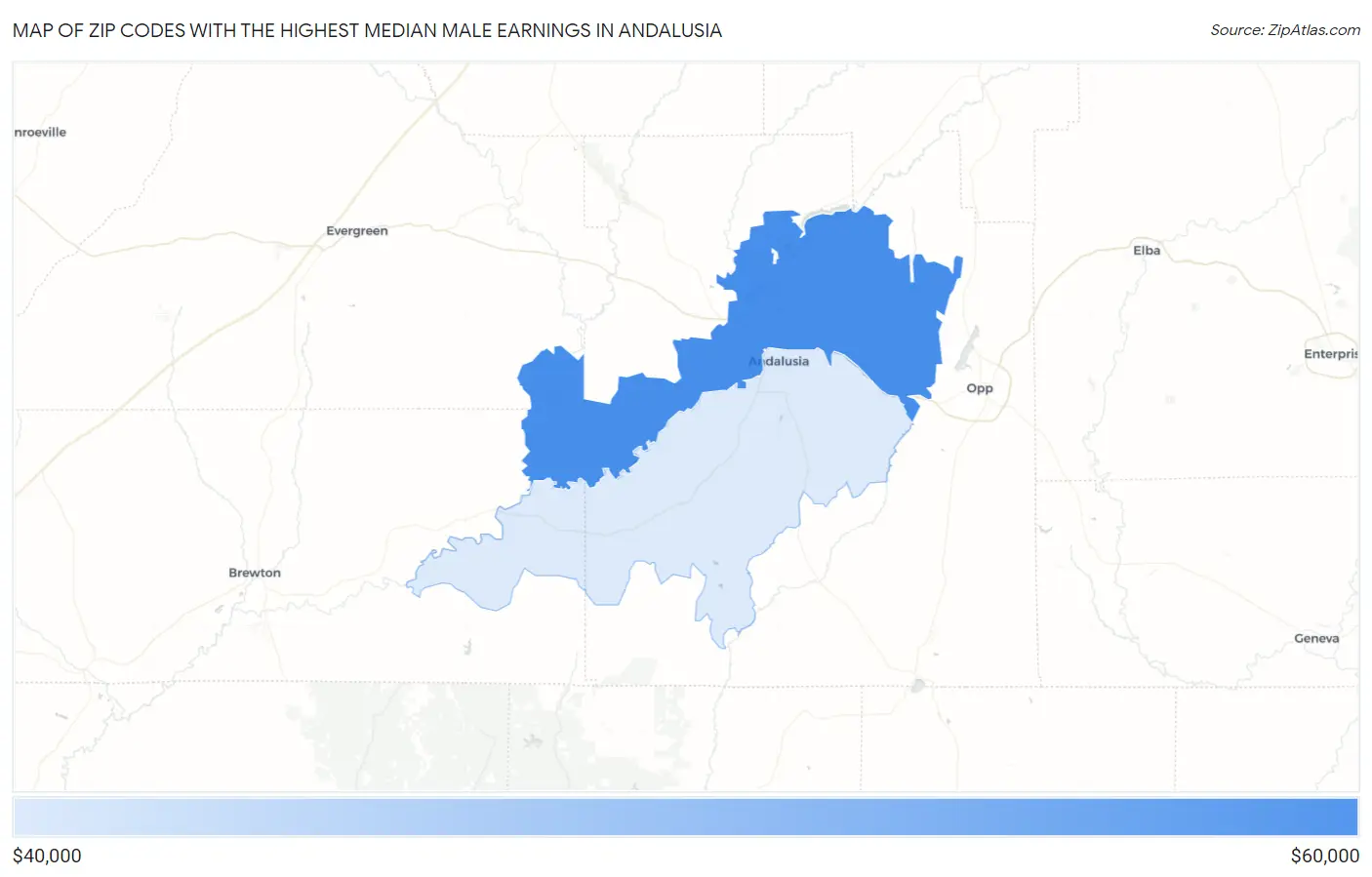 Zip Codes with the Highest Median Male Earnings in Andalusia Map