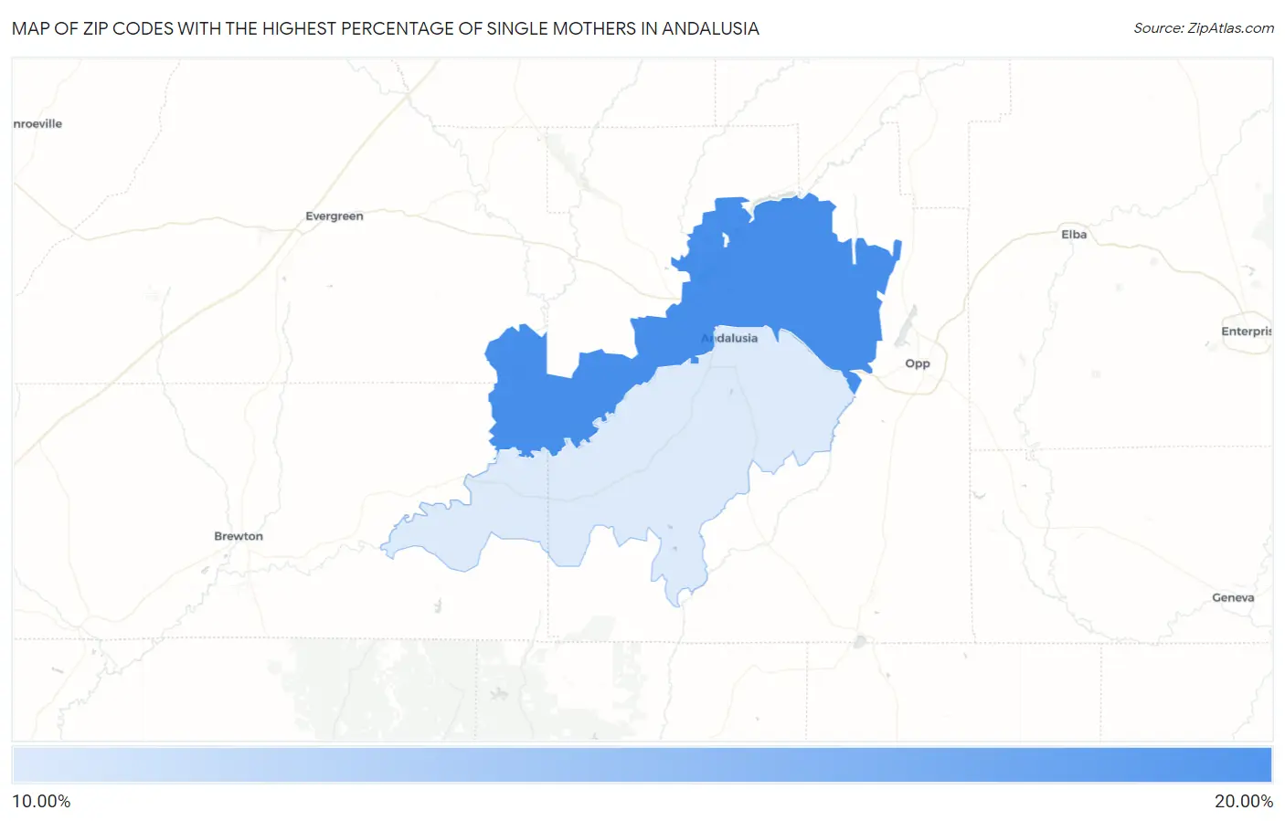 Zip Codes with the Highest Percentage of Single Mothers in Andalusia Map