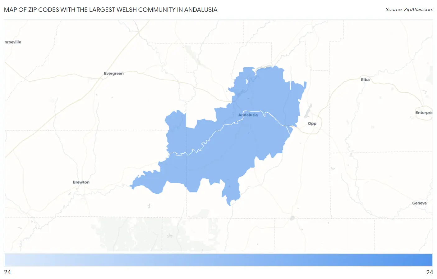 Zip Codes with the Largest Welsh Community in Andalusia Map