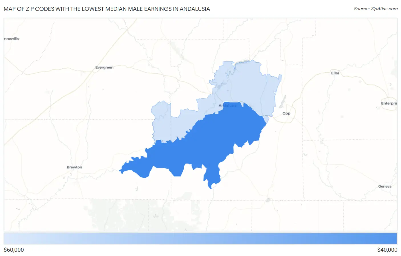 Zip Codes with the Lowest Median Male Earnings in Andalusia Map