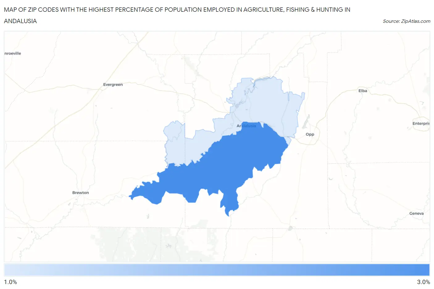 Zip Codes with the Highest Percentage of Population Employed in Agriculture, Fishing & Hunting in Andalusia Map