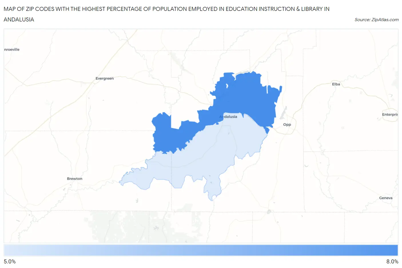 Zip Codes with the Highest Percentage of Population Employed in Education Instruction & Library in Andalusia Map