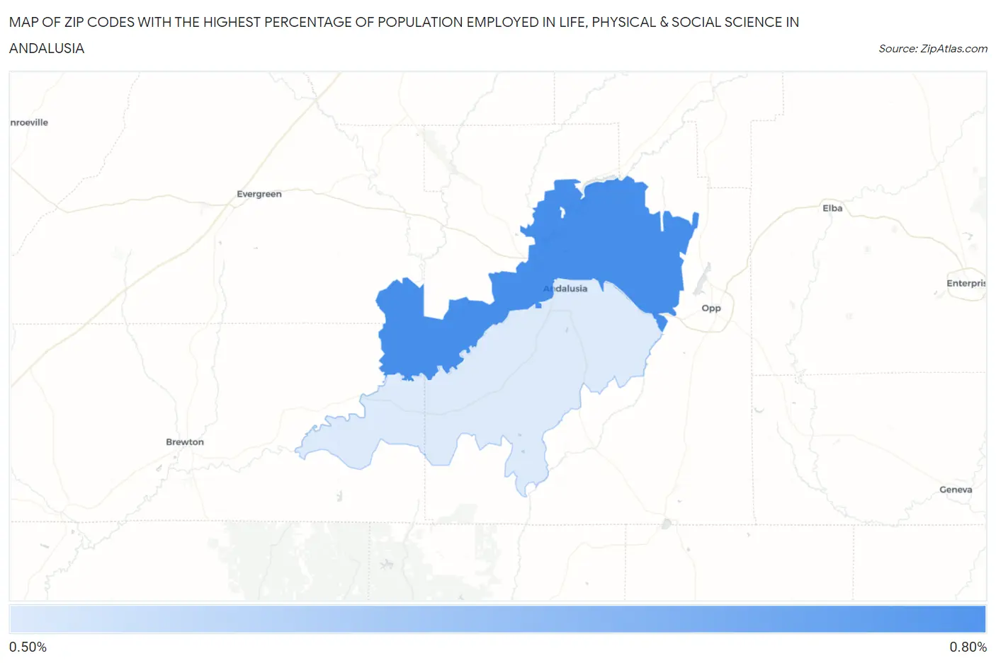 Zip Codes with the Highest Percentage of Population Employed in Life, Physical & Social Science in Andalusia Map