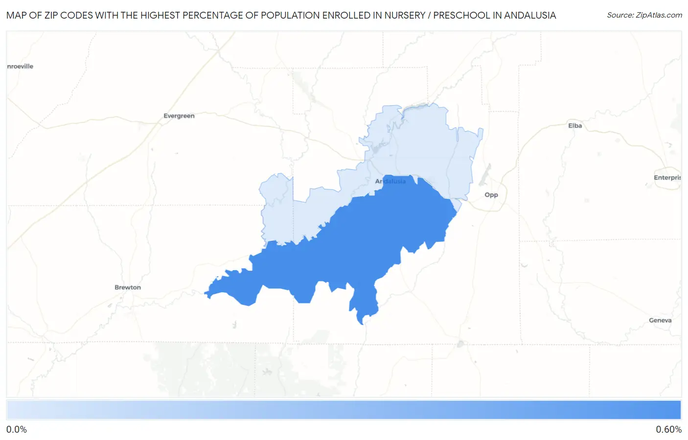 Zip Codes with the Highest Percentage of Population Enrolled in Nursery / Preschool in Andalusia Map