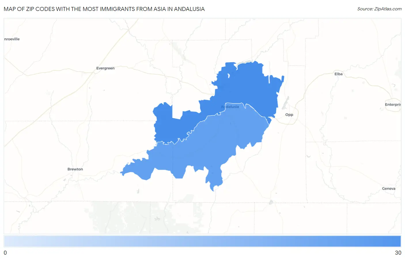 Zip Codes with the Most Immigrants from Asia in Andalusia Map