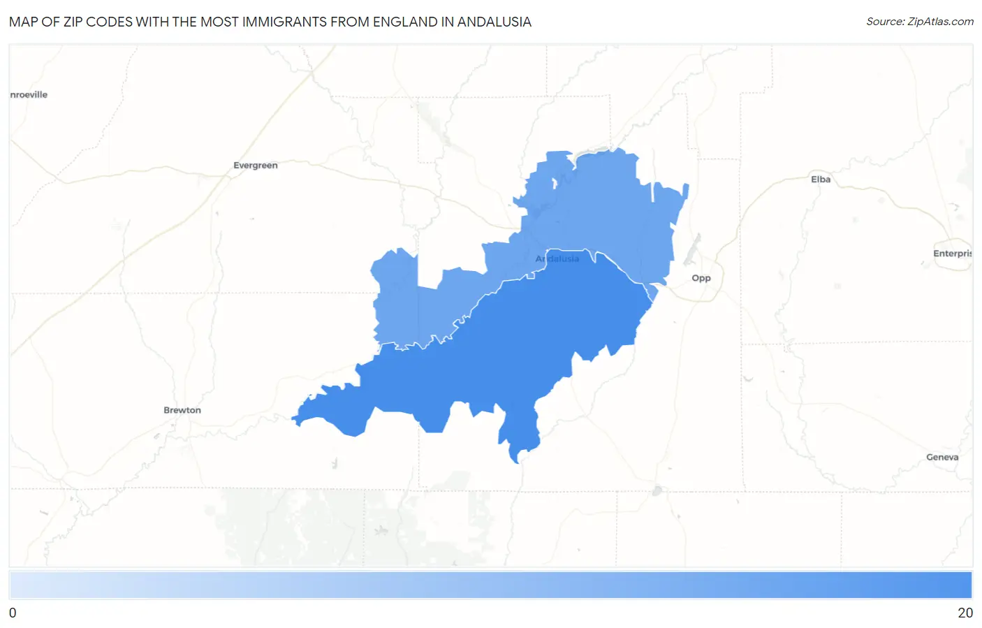 Zip Codes with the Most Immigrants from England in Andalusia Map