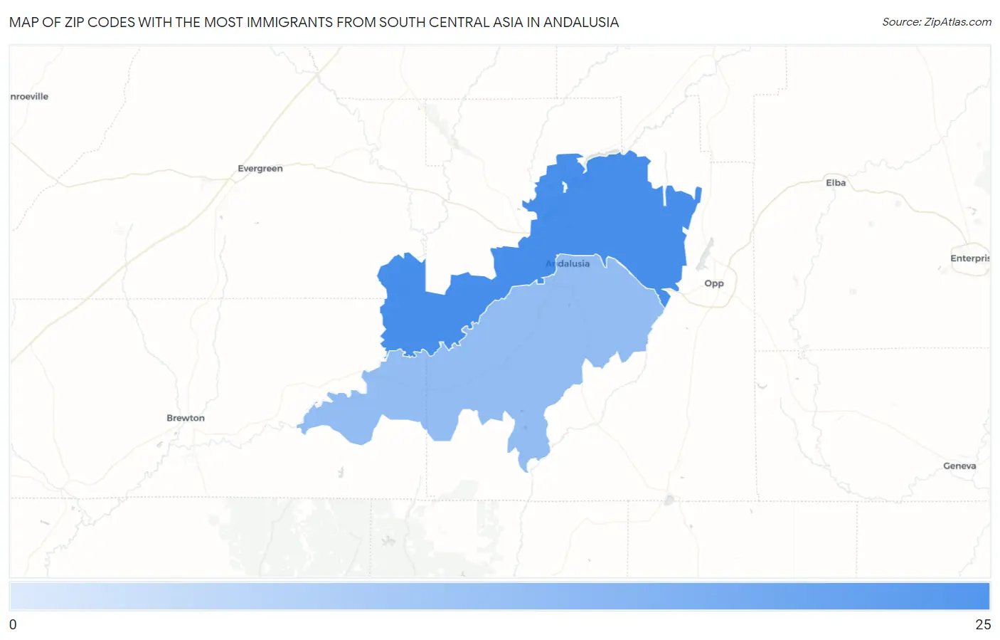 Zip Codes with the Most Immigrants from South Central Asia in Andalusia Map