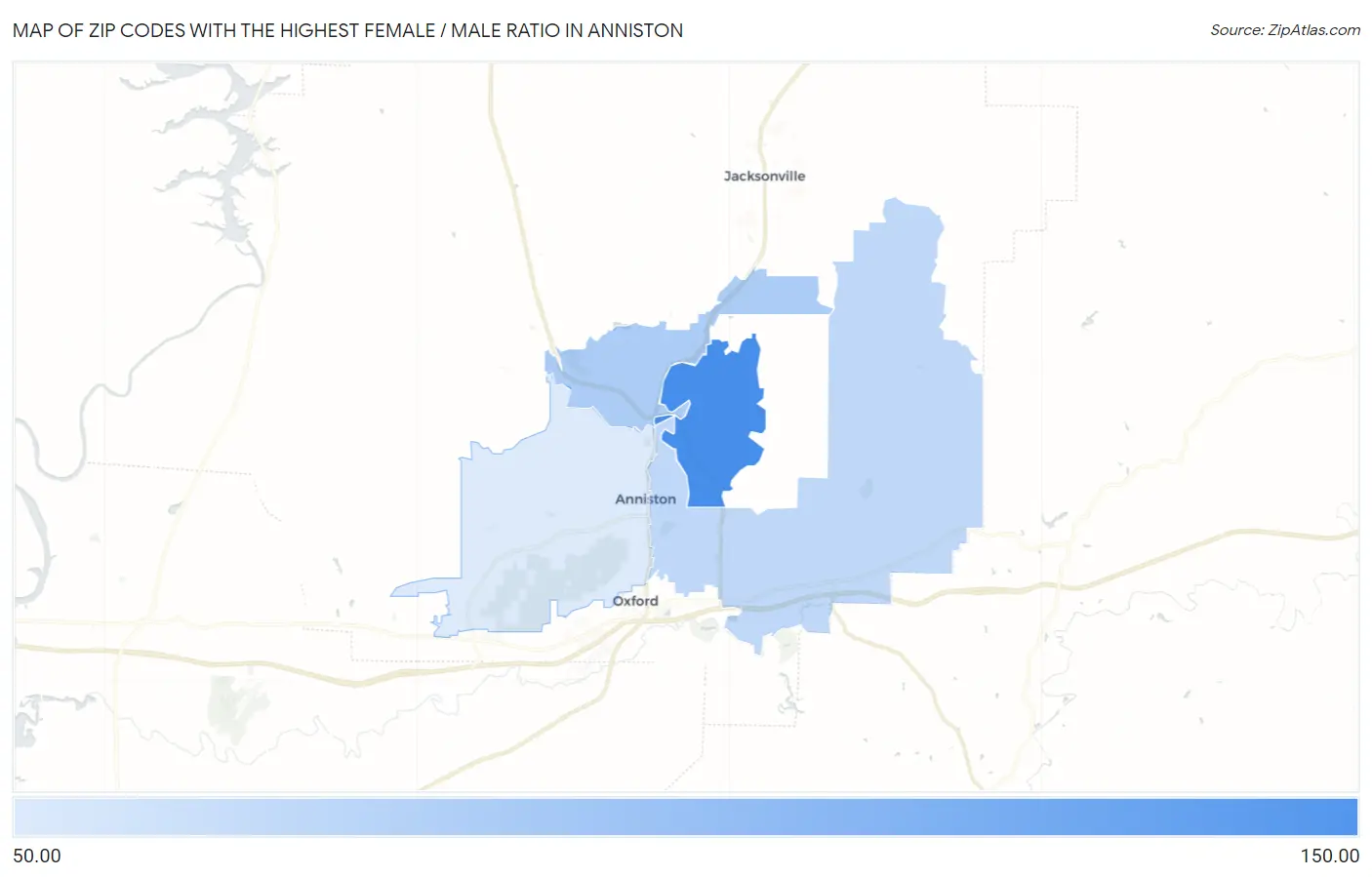 Zip Codes with the Highest Female / Male Ratio in Anniston Map
