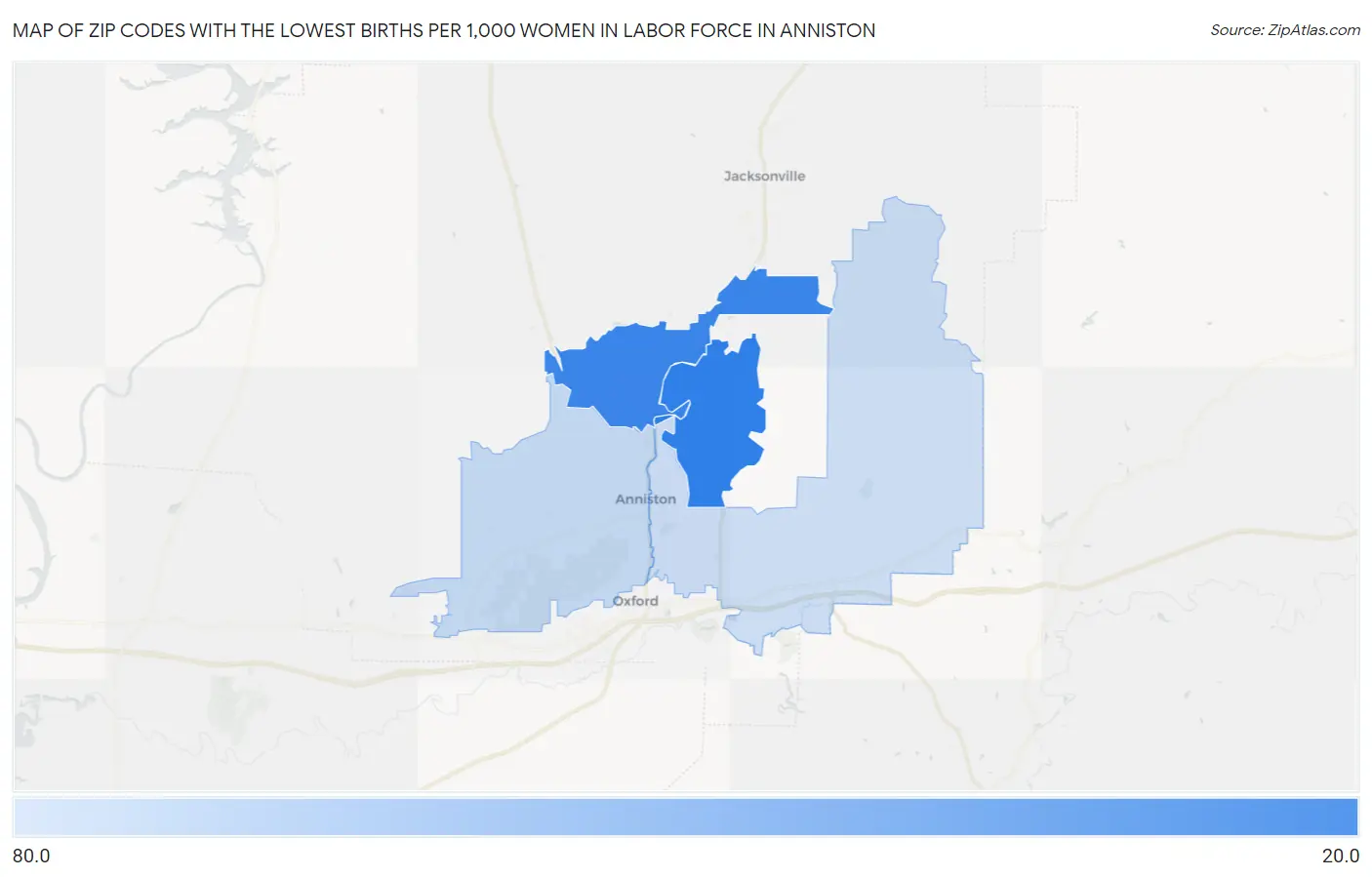 Zip Codes with the Lowest Births per 1,000 Women in Labor Force in Anniston Map
