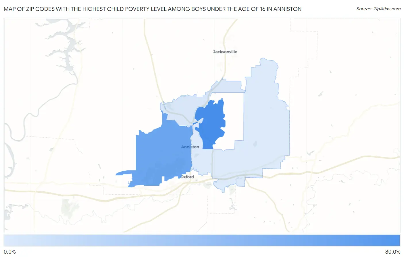Zip Codes with the Highest Child Poverty Level Among Boys Under the Age of 16 in Anniston Map