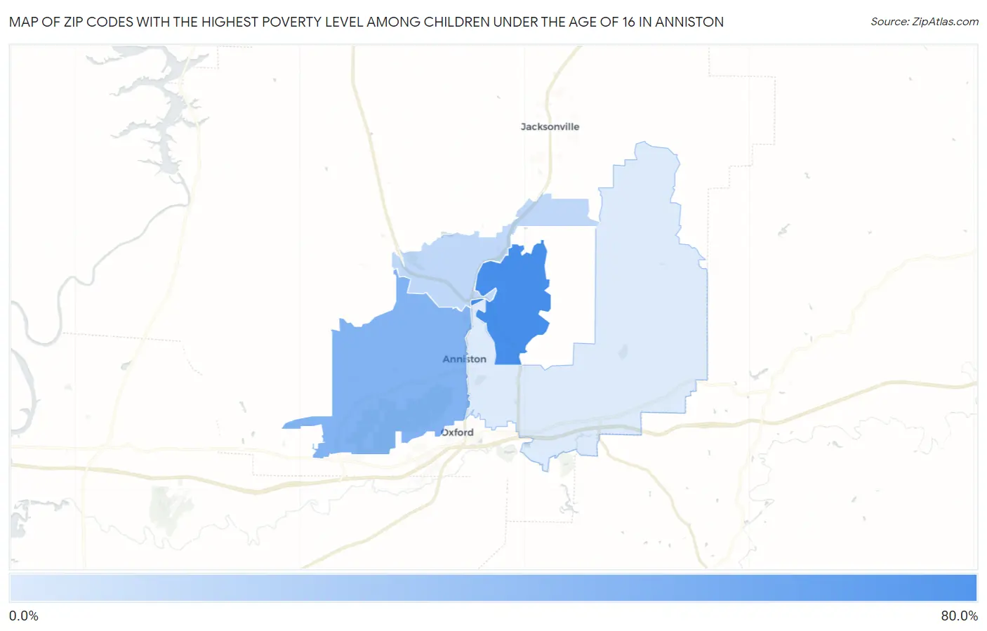 Zip Codes with the Highest Poverty Level Among Children Under the Age of 16 in Anniston Map