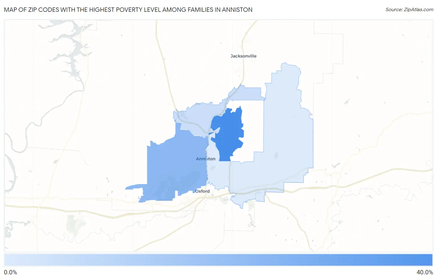 Zip Codes with the Highest Poverty Level Among Families in Anniston Map