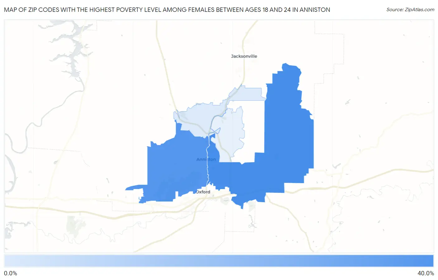 Zip Codes with the Highest Poverty Level Among Females Between Ages 18 and 24 in Anniston Map