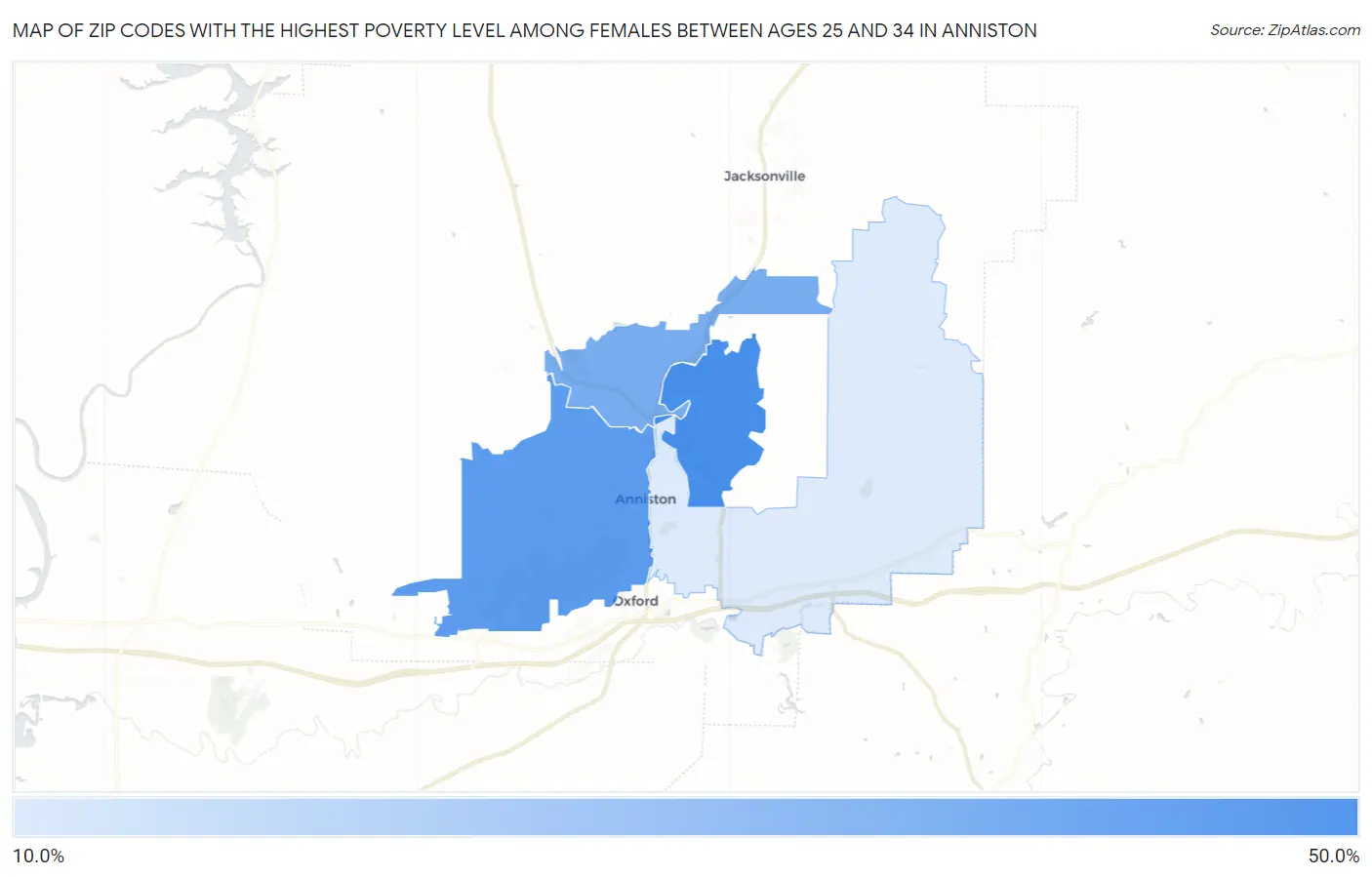Zip Codes with the Highest Poverty Level Among Females Between Ages 25 and 34 in Anniston Map