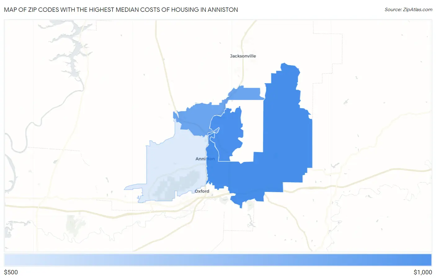 Zip Codes with the Highest Median Costs of Housing in Anniston Map