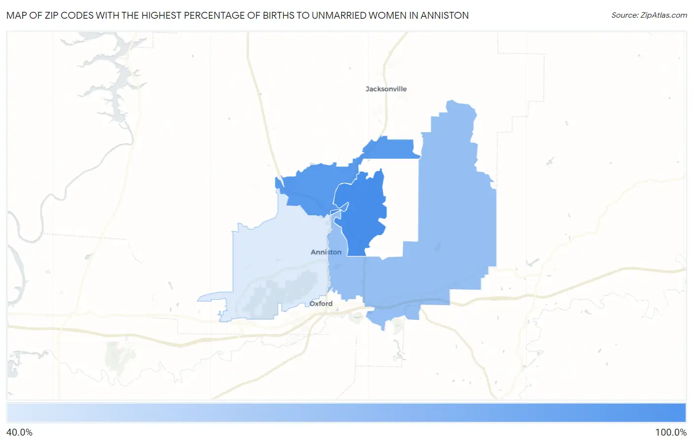 Zip Codes with the Highest Percentage of Births to Unmarried Women in Anniston Map