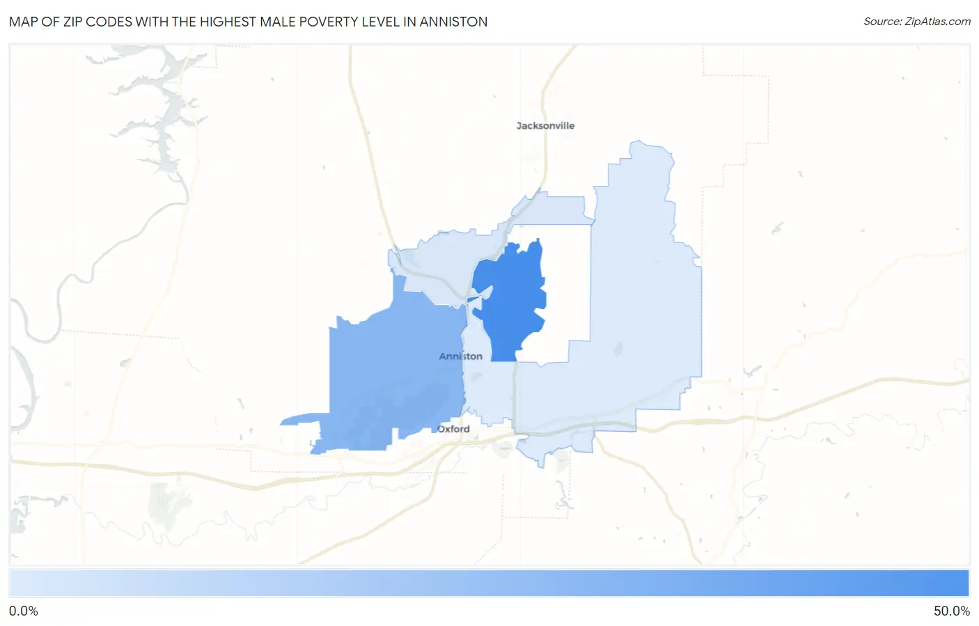 Zip Codes with the Highest Male Poverty Level in Anniston Map
