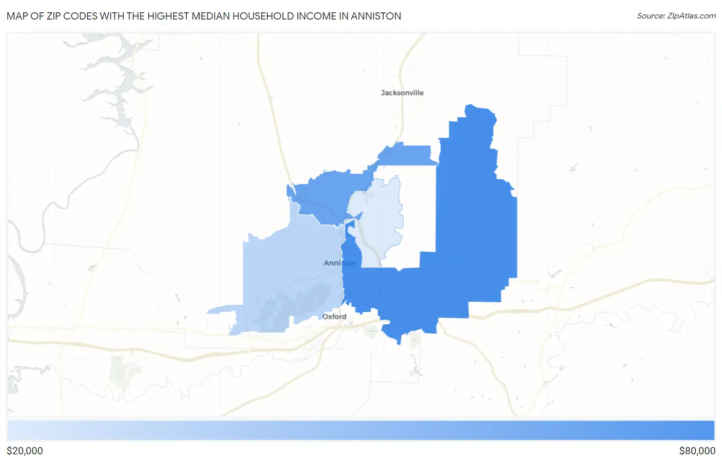Zip Codes with the Highest Median Household Income in Anniston Map