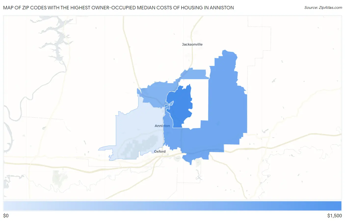 Zip Codes with the Highest Owner-Occupied Median Costs of Housing in Anniston Map