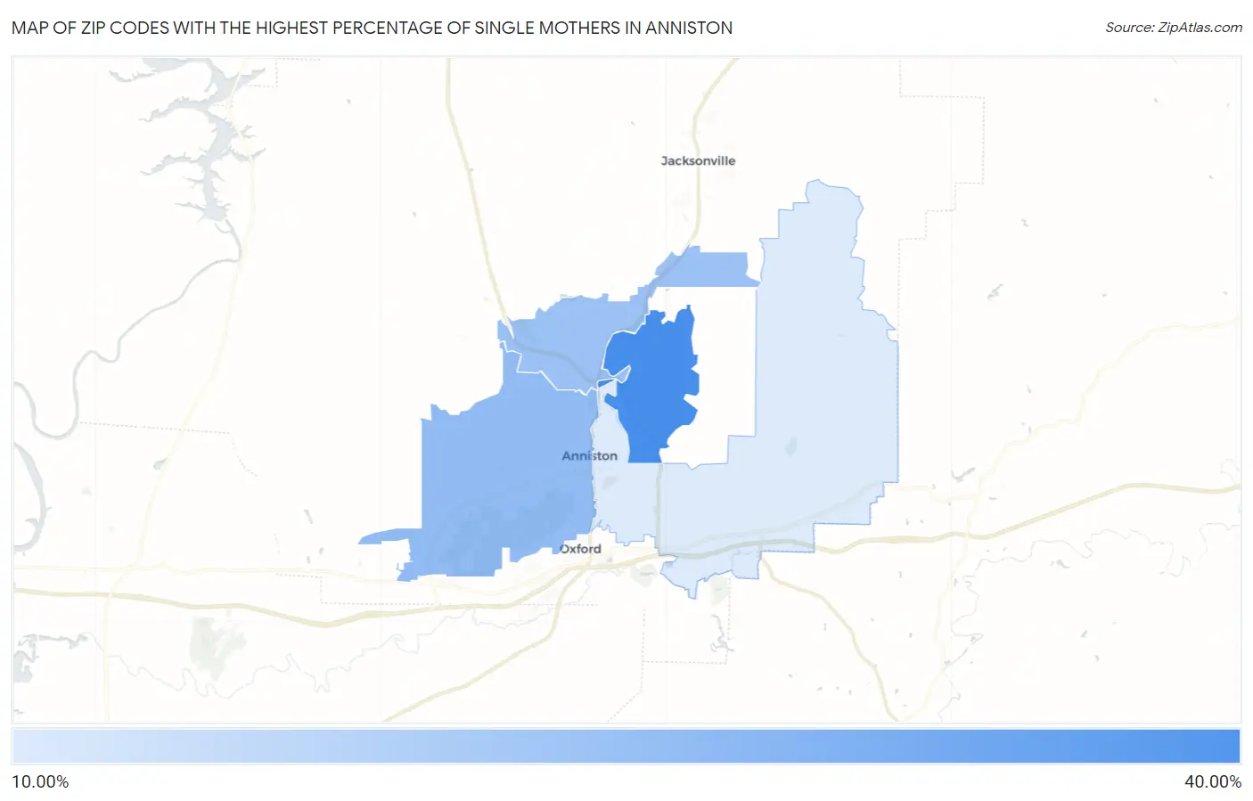 Zip Codes with the Highest Percentage of Single Mothers in Anniston Map