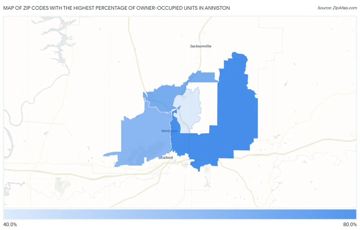 Zip Codes with the Highest Percentage of Owner-Occupied Units in Anniston Map
