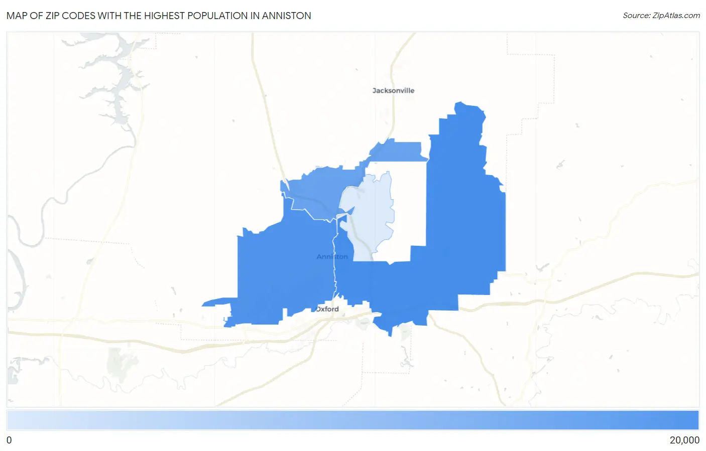 Zip Codes with the Highest Population in Anniston Map