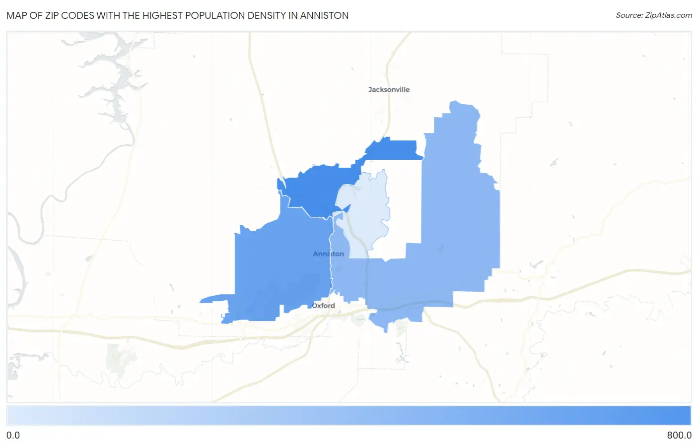 Zip Codes with the Highest Population Density in Anniston Map