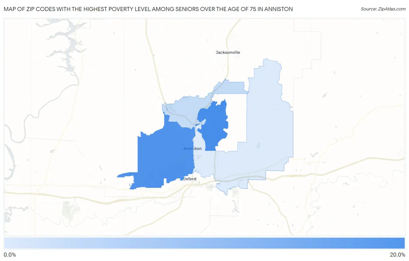 Zip Codes with the Highest Poverty Level Among Seniors Over the Age of 75 in Anniston Map
