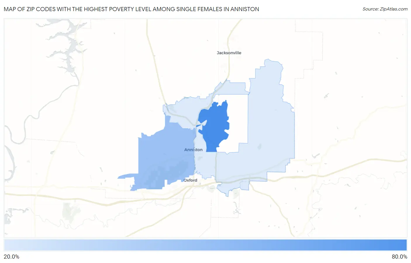 Zip Codes with the Highest Poverty Level Among Single Females in Anniston Map