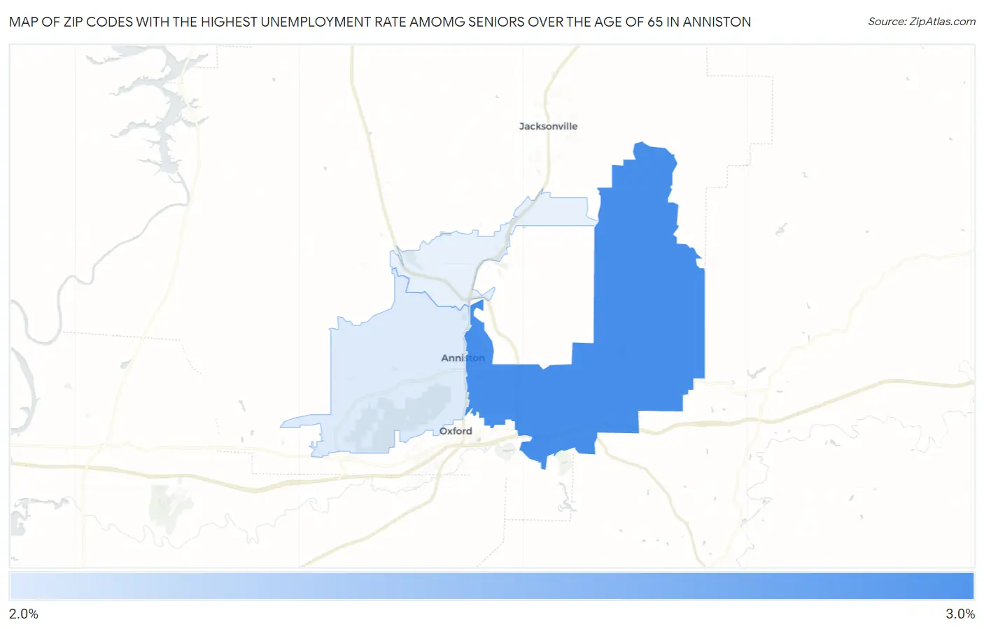 Zip Codes with the Highest Unemployment Rate Amomg Seniors Over the Age of 65 in Anniston Map