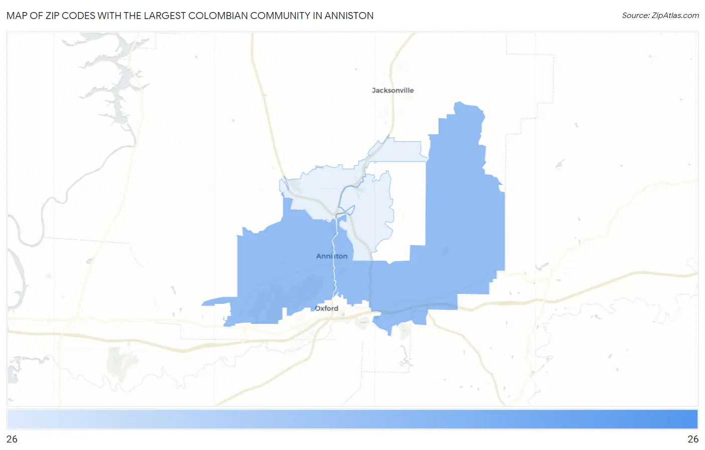 Zip Codes with the Largest Colombian Community in Anniston Map