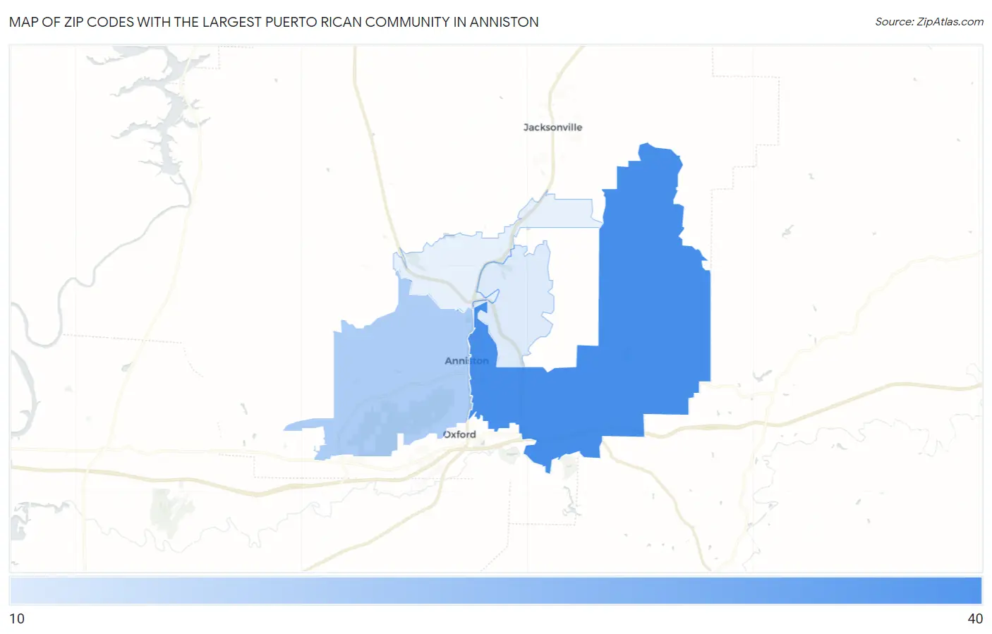 Zip Codes with the Largest Puerto Rican Community in Anniston Map