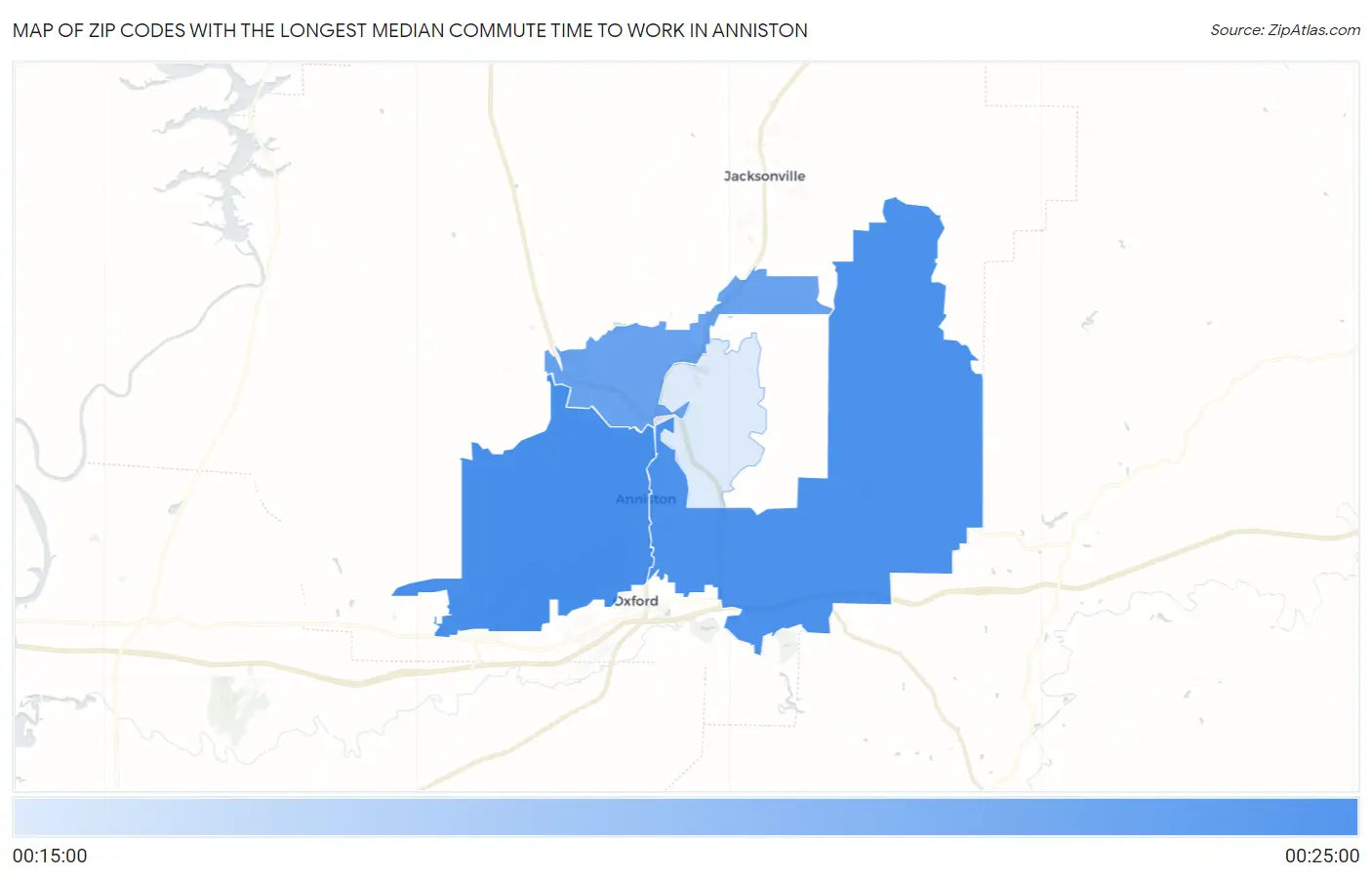 Zip Codes with the Longest Median Commute Time to Work in Anniston Map