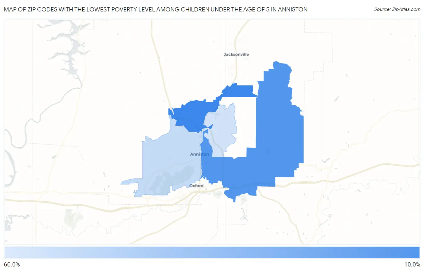 Zip Codes with the Lowest Poverty Level Among Children Under the Age of 5 in Anniston Map