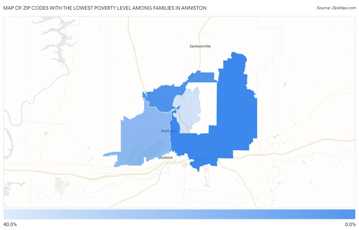 Zip Codes with the Lowest Poverty Level Among Families in Anniston Map