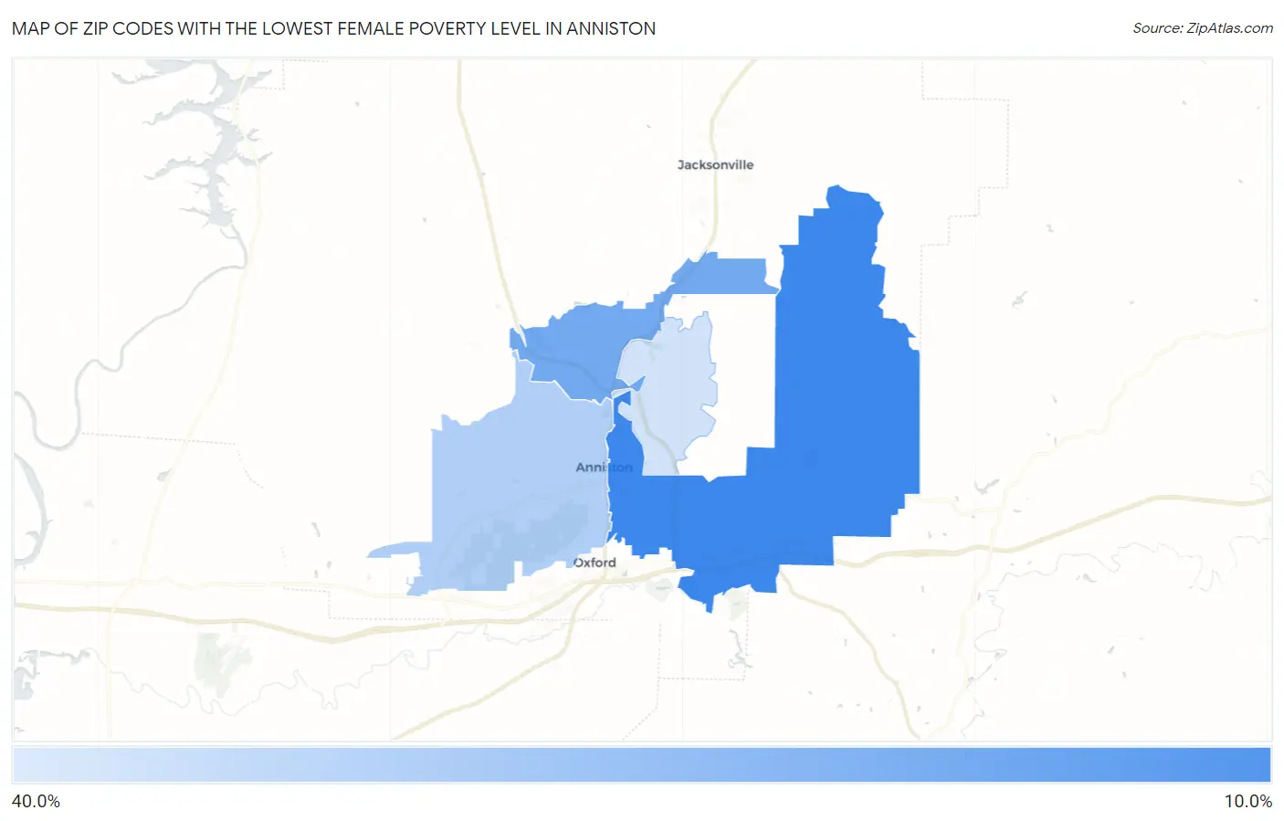 Zip Codes with the Lowest Female Poverty Level in Anniston Map