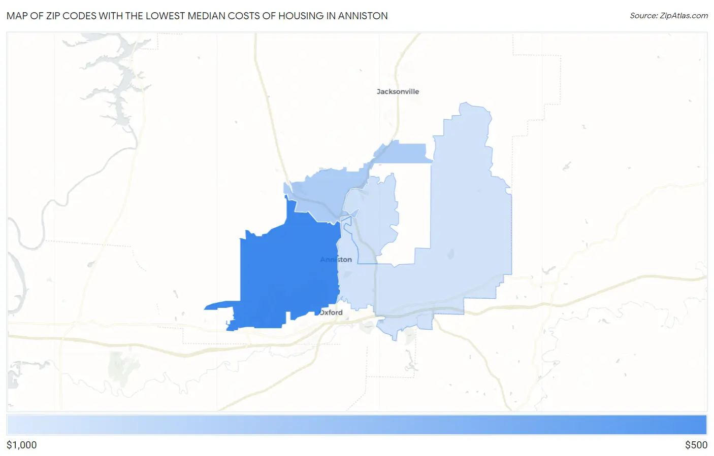 Zip Codes with the Lowest Median Costs of Housing in Anniston Map