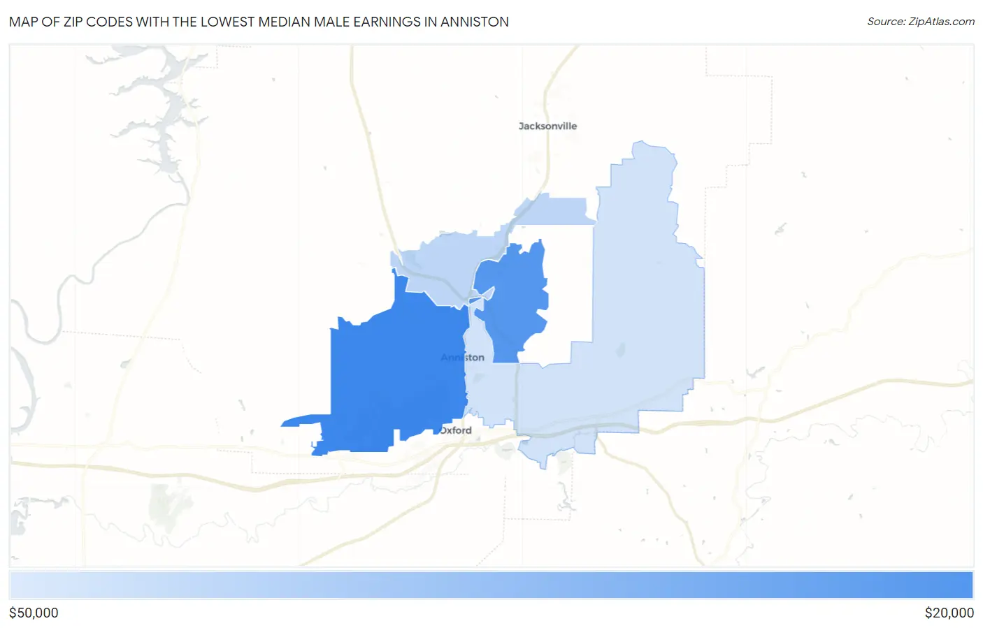 Zip Codes with the Lowest Median Male Earnings in Anniston Map