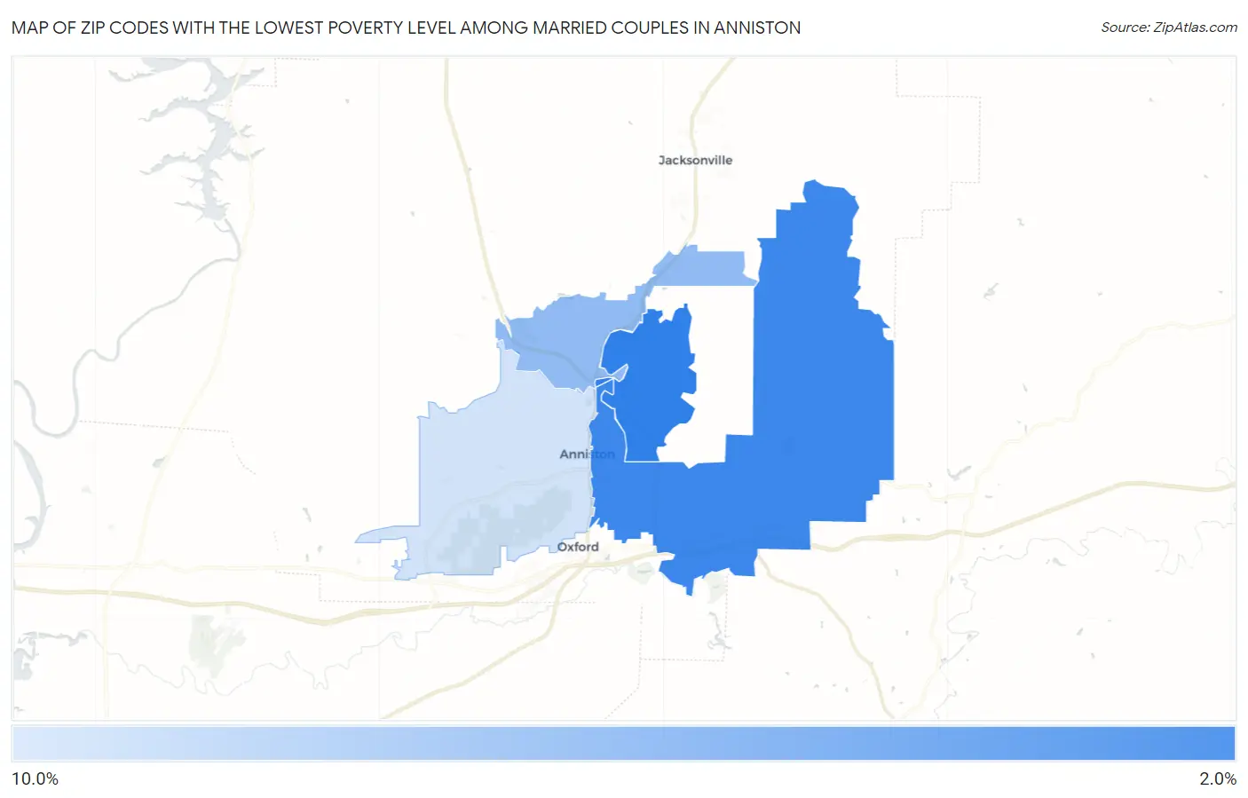 Zip Codes with the Lowest Poverty Level Among Married Couples in Anniston Map