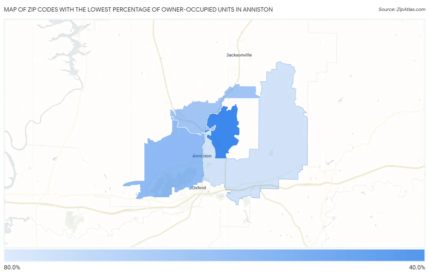 Zip Codes with the Lowest Percentage of Owner-Occupied Units in Anniston Map