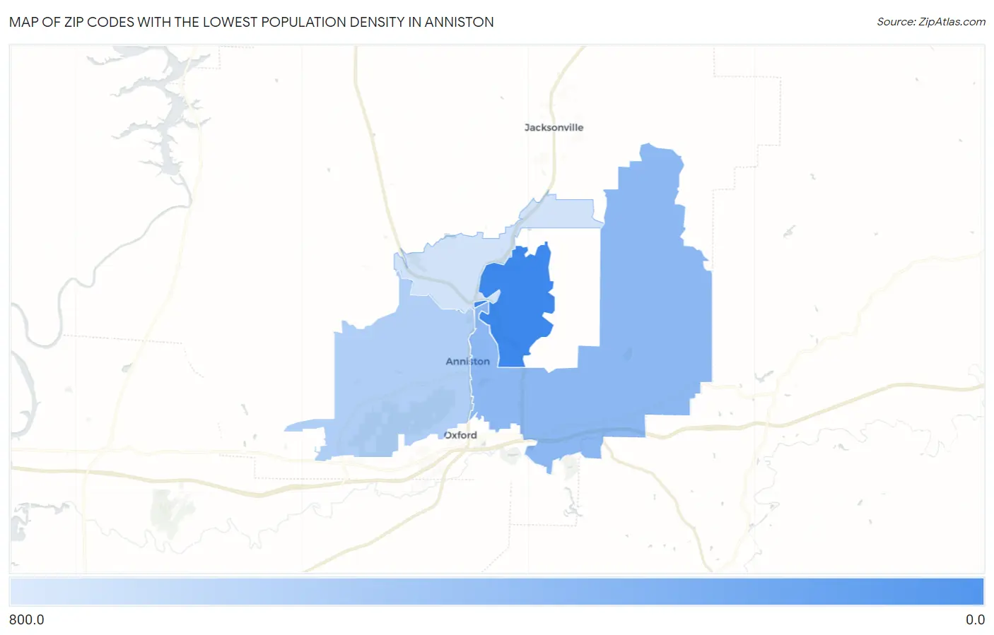 Zip Codes with the Lowest Population Density in Anniston Map