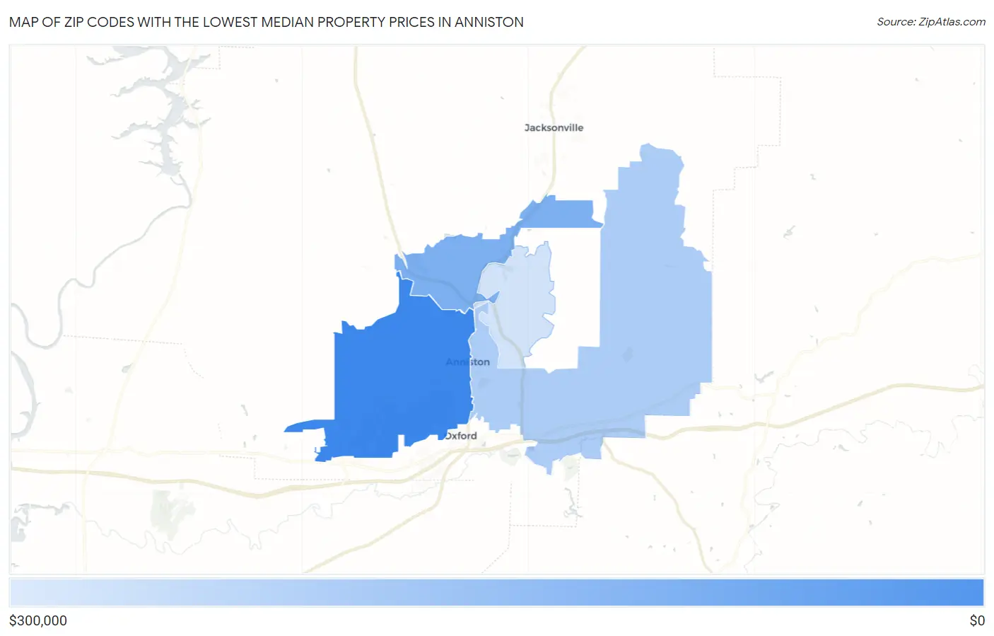 Zip Codes with the Lowest Median Property Prices in Anniston Map