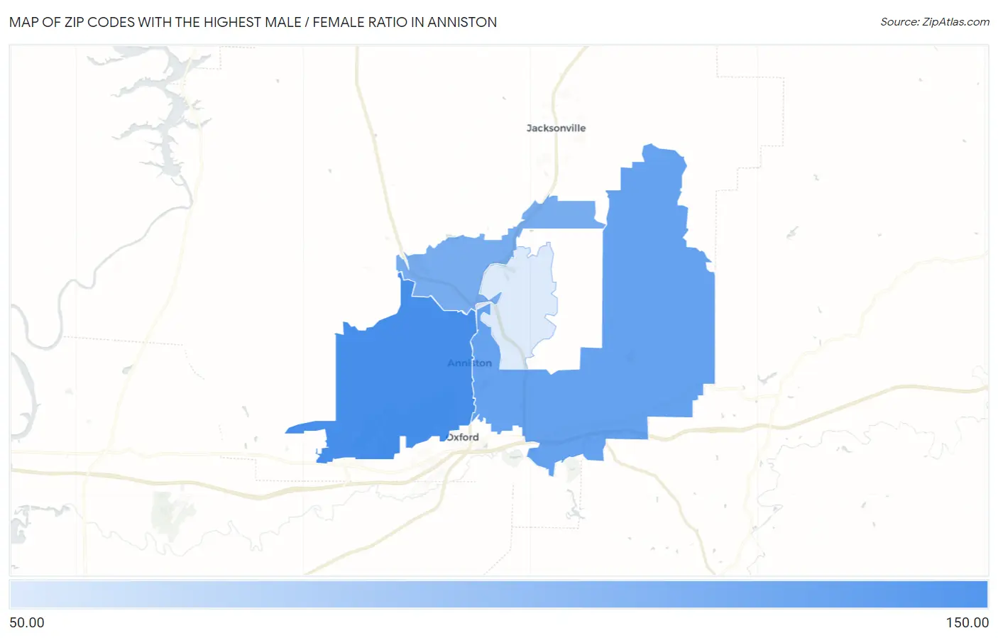 Zip Codes with the Highest Male / Female Ratio in Anniston Map