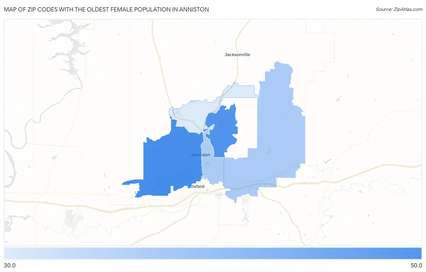 Zip Codes with the Oldest Female Population in Anniston Map