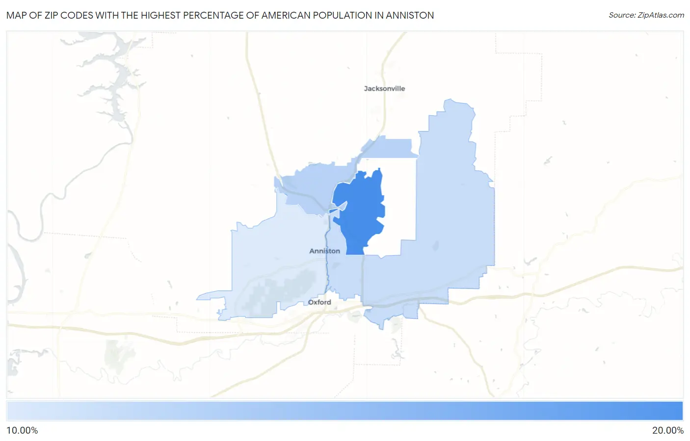 Zip Codes with the Highest Percentage of American Population in Anniston Map